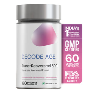 Decode Age Trans Resveratrol Supplement, 500 mg, 60 Capsules - Powerful Antioxidant for Anti-Ageing, Anti-Inflammatory, Metabolism & Heart Health, Veg